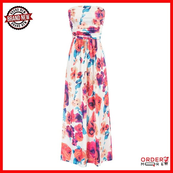 Strapless Maxi Dress with Pockets, Ruched Casual Loose Fit